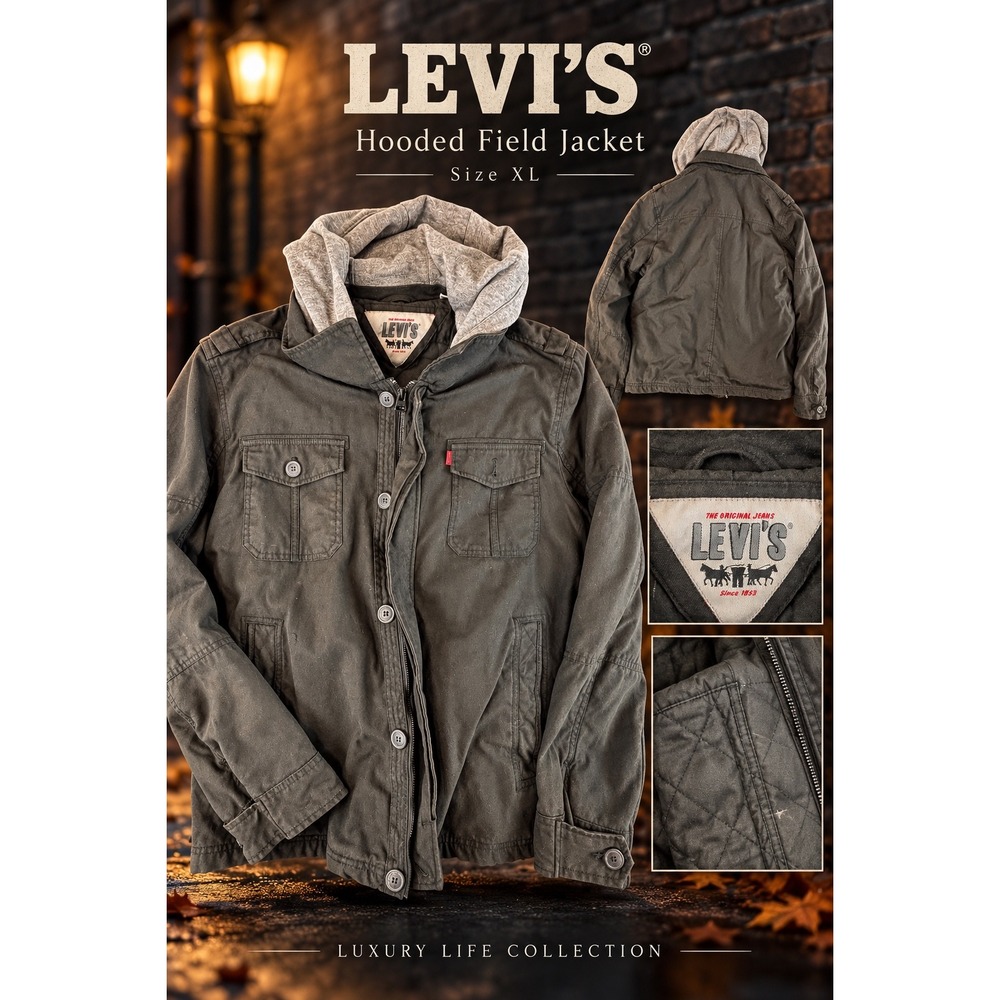Levis Mens XL Hooded Field Jacket Quilted Lining Canvas Military Coat Olive